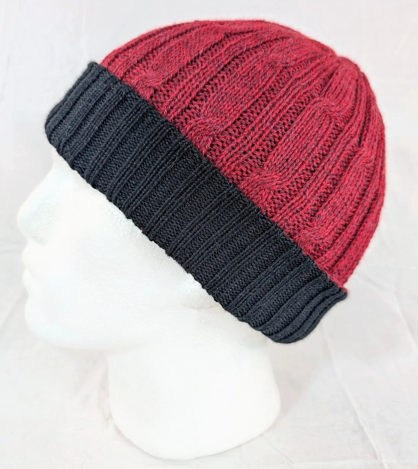 Extra Soft Baby Alpaca Reversible Cable Knit Beanie Red Black Handmade