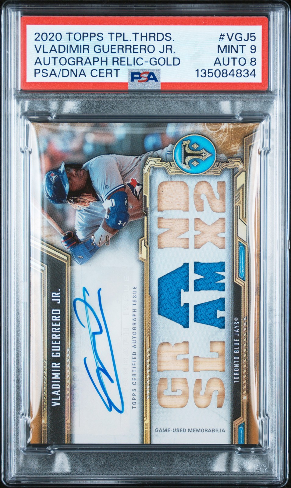 2020 TRIPLE THREADS AUTO RELICS GOLD VLADIMIR GUERRERO JR. 2/9 PSA 9 AUTO 8