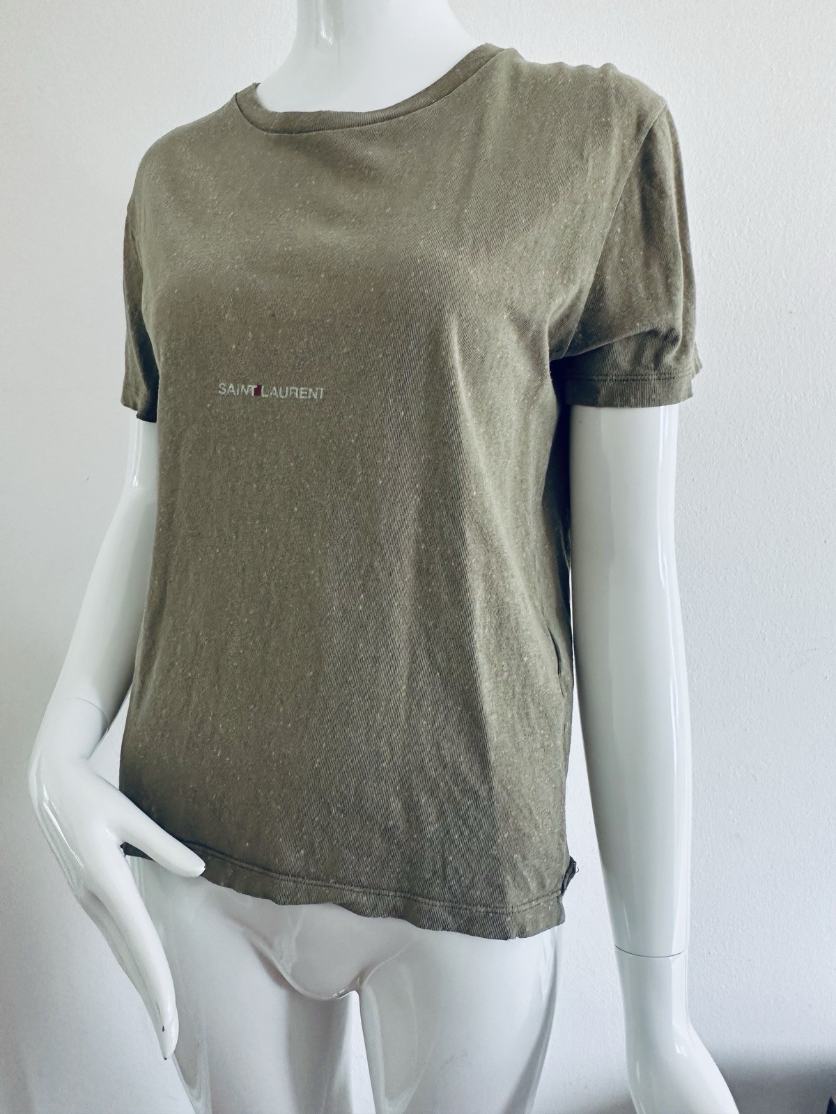 T shirt SAINT LAURENT autentiche top esercito verde kaki cotone oliva logo ta...