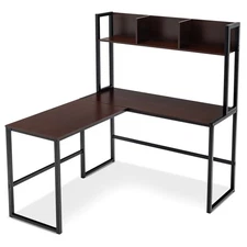 55" L-Shaped Desk Writing Desk Corner Computer Desk w/Open Storage Hutch Teak
