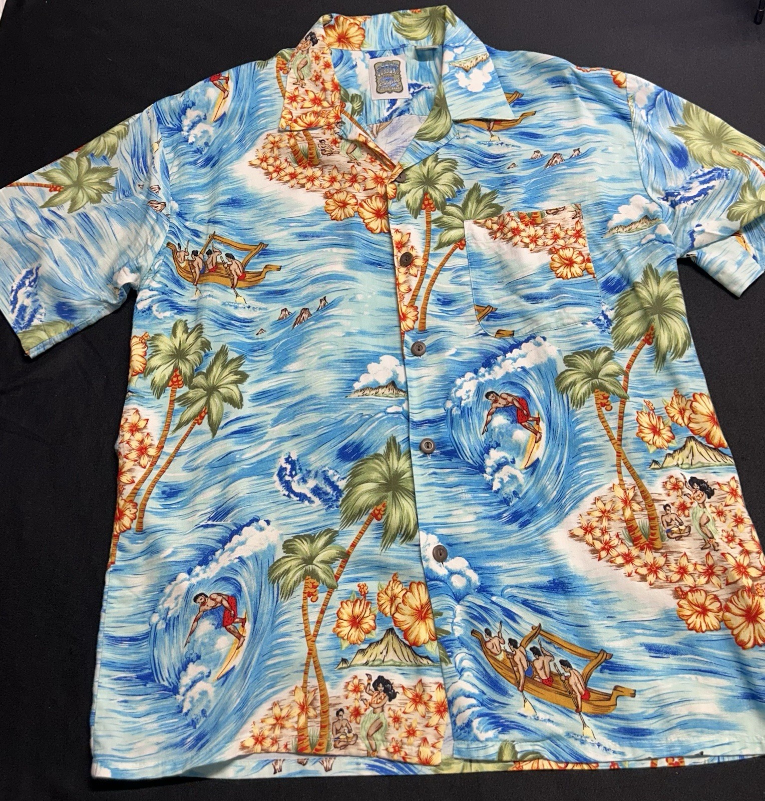 Vintage Genuine Ocean Current Hawaiian Graphic Shirt men's large blue camp