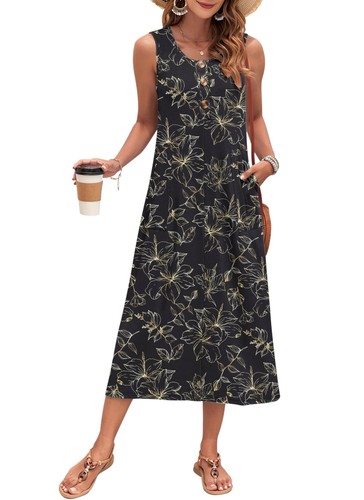 Damen Ärmellos Sommer Maxikleid Lässig Locker Rundhalsausschnitt Strand Sommerkleid mit... - Bild 2 von 6