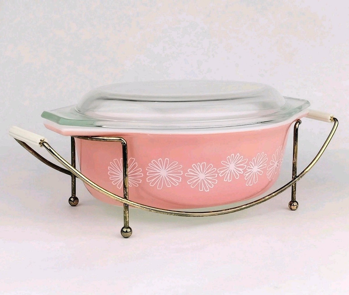 Vintage PYREX 043 Pink Daisy 1.5 Qt Oval Casserole & Lid w/ Atomic