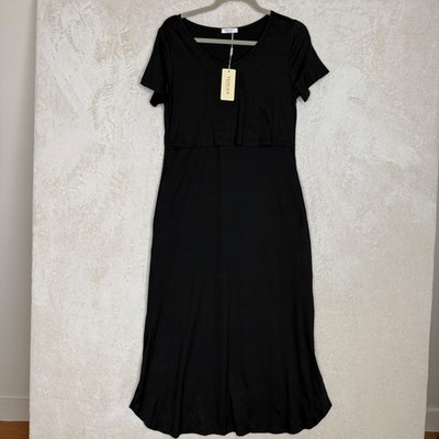NWT Womens Nursing Maternity Black Short Sleeve Midi Nursing Dress S  Comfort | eBay