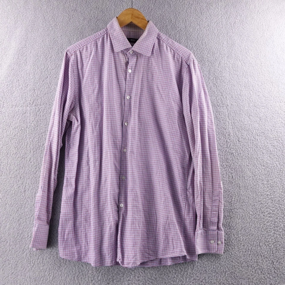 BOSS Hugo Boss Mens Sharp Fit Checkered Dress Shirt Lavender Red Size 16 34/35 - Image 2 of 4