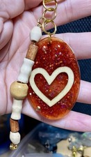Heart Resin Oval With Wooden Heart Inlay Keychain with Beaded Charm Handmade