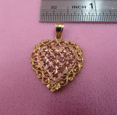 Beverly Hillsl Gold 14K massiv Gelbgold Rotgold filigran Herz Anhänger 2,11 Gramm