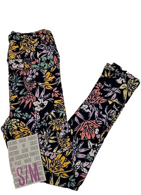 LuLaRoe Kids S/M Leggings Navy Floral Pink Yellow Purple Floral Flowers - NWT  