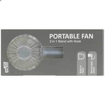 Digital Essentials Mini Fan, Retractable Stand & Built-In Hook, Clear