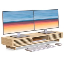 Dual Monitor Stand Riser with Sliding Door, Double Laptop Desk Organizer 36"