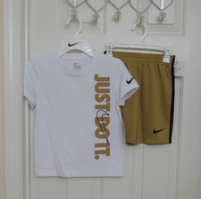 NWT 2pc Nike White Beige Logo Shirt Brown Black Shorts Set sz 4 6 or 7