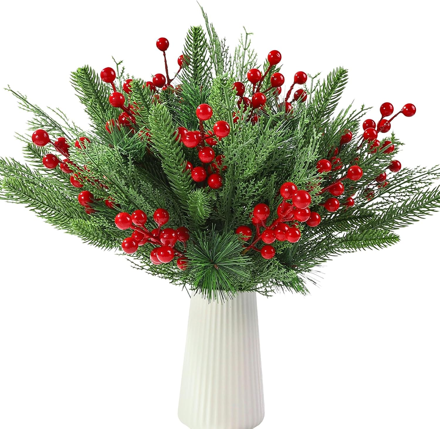 60 PCS Artificial Pine Branches Christmas Faux Pine Greenery Stems Red Holly Ber