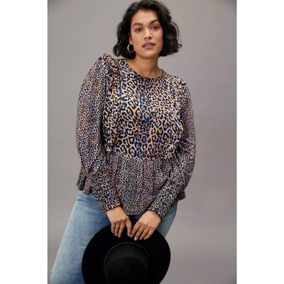 Anthropologie bl-nk Leopard Moira Ruffle-Peplum Blouse in Blue & Brown ~ NWT XL