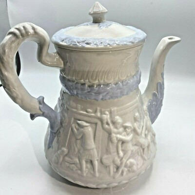 Antique Teapot Ivory with Blue Trim Witch Hunt or Tavern Fight? 9.5'' T  V313