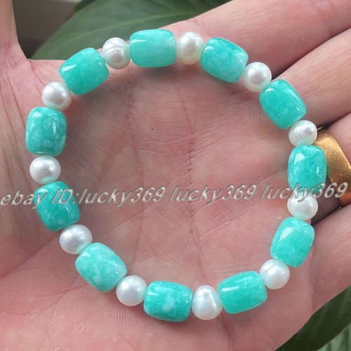 9x11mm Cylinder Aquamarine Jade Gems & White Pearl Stretch Bangle Bracelet 7.5" - Picture 17 of 32