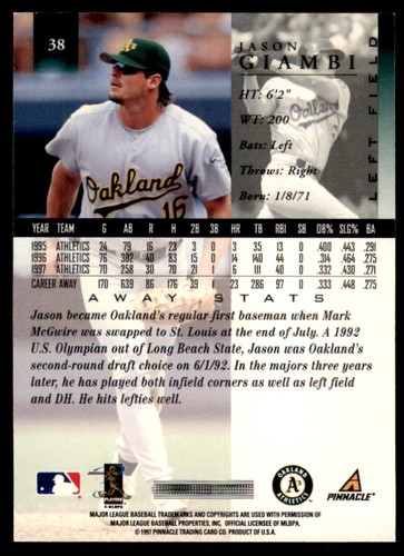 1998 Pinnacle #38 Jason Giambi Oakland Athletics - Picture 2 of 2