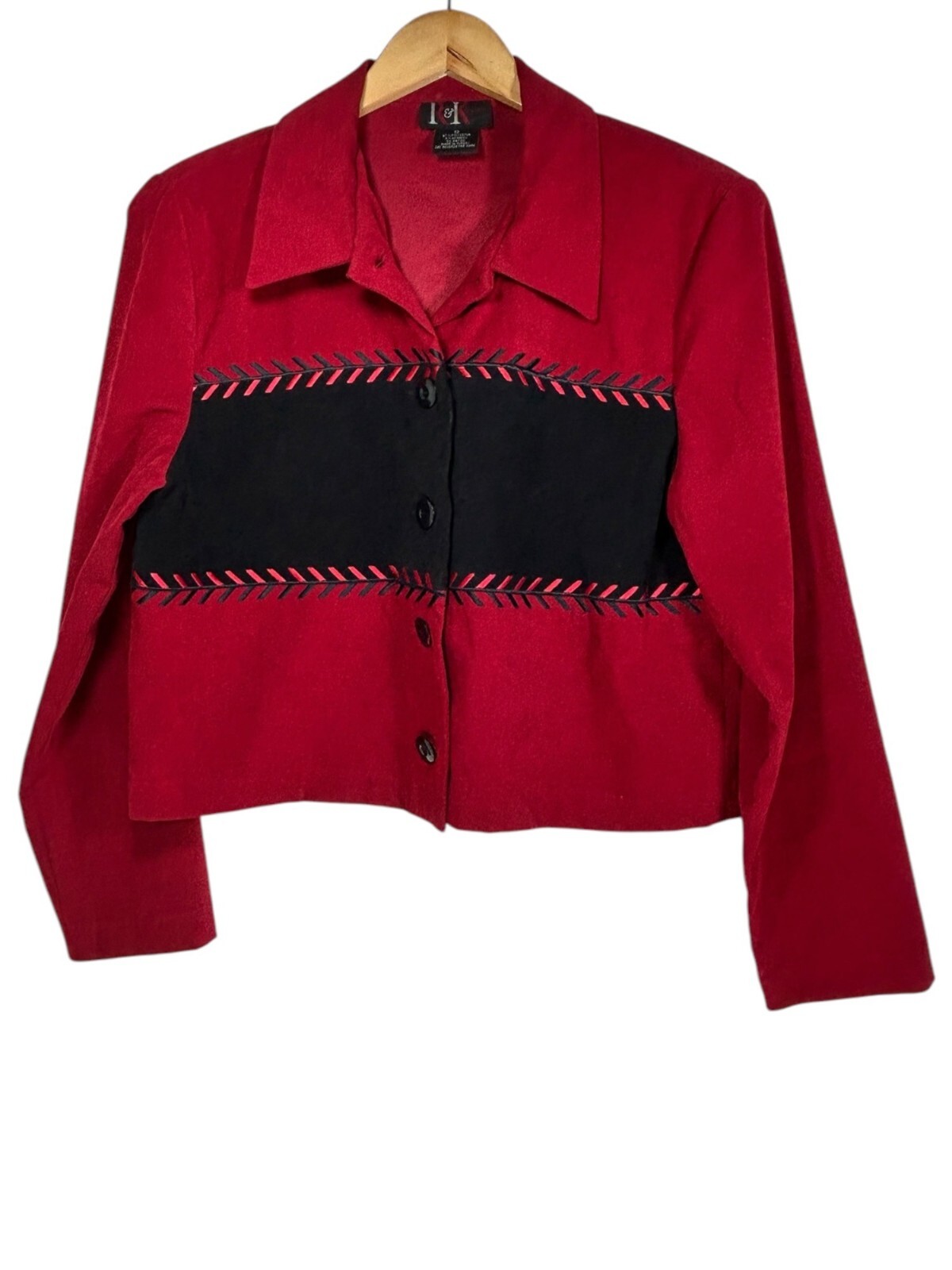 R&K ORIGINALS Crop Blazer Sz 12 Red Black Faux Suede Colorblock Embroidered VTG