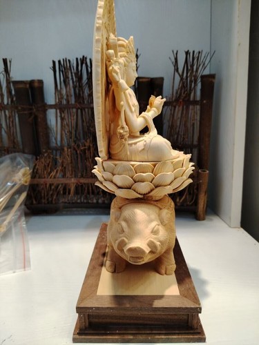 Chinese Boxwood Huang YangWood Hand Carving Kwan-yin Pig Statue黄杨木.摩利支天61674 - Picture 12 of 15