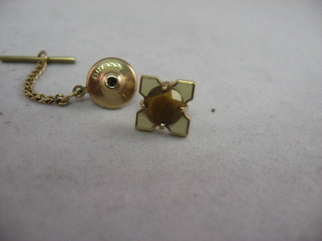 Very Nice & Beautiful Tiger's Eye White Enamel Flower Men's Tie Tack Lapel Pin ~