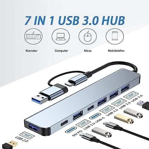USB Hub mit 3.0 100W/ 4 x 2.0 USB , 7 in 1 Multiport Type C PD Ladehub Adapter - Bild 3 von 4