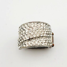 Silver Tone Paved Rhinestone Stretch Ring Sparkly Bling Statement .75" Wide