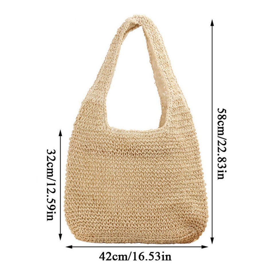 Wavlynn Beige Straw Woven Shoulder Bag Large Capacity - Spacious Interior With Zippered Pockets