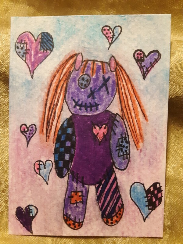 Original ACEO Colorful one eyed patch ragdoll Outsider Fantasy art OOAK