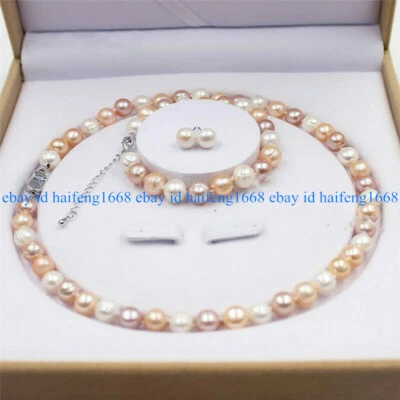 Echtes 8-9mm Natürlich Mehrfarbig Süßwasser Perle Halskette Armband Ohrringe Set - Bild 1 von 4