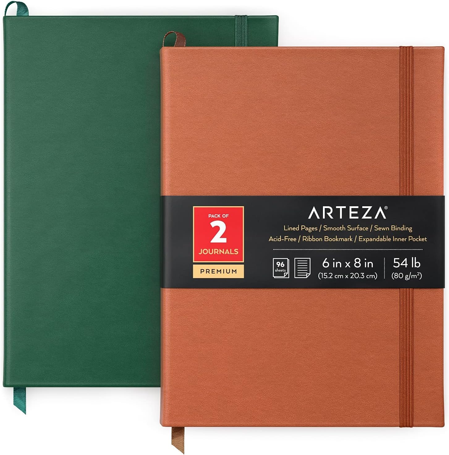 Hardcover Green & Saddle Journal Notebooks, 6x8 Inches, 96 Sheets, Pack of 2-image