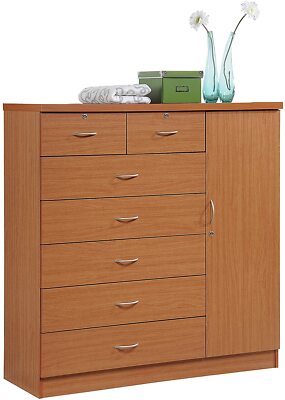 Cherry Finish Wooden 7 Drawer Chest Dresser Clothes Storage Side Door Lockable
