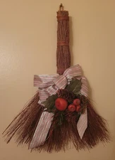 Christmas Holiday Broom Rustic Primitive Wall Decor Silver red green ribbon Vtg