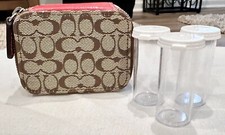 Coach Signature Khaki/Pink Canvas Triple Pill Case Travel Box w/3 Clear Bottles