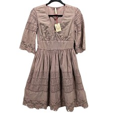 NWT Anthropologie RAGA Womens Eyelit Boho Dress Small Short Sleeve Dusty Rose S