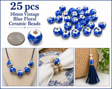 25 Vintage Blue White Floral Ceramic Round Beads 16mm Large Hole Jewelry Craft