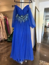Pol Atteu Designer Gown Size 12 Blue Beaded Floral Pleated Formal Dress