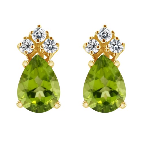 14K Yellow Gold 7x5mm Pear Shape Natural Peridot 1/10 CTW Diamond Stud Earrings - Picture 3 of 4