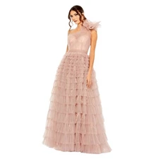 Mac Duggal 20447 One Shoulder Faux Bow Feather Tiered A-Line Gown Size 8 NWT