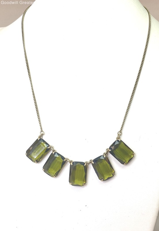 J. Crew Designer Gold Tone Green Rhinestone Necklace, 23.6g