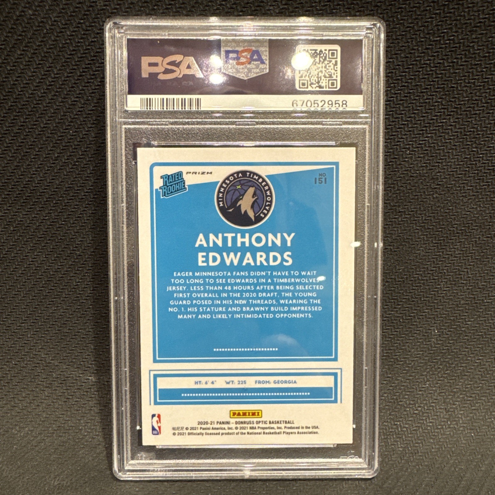 2020-21 Donruss Optic Anthony Edwards Rated Rookie #151 Blue Velocity PSA 10 view 2