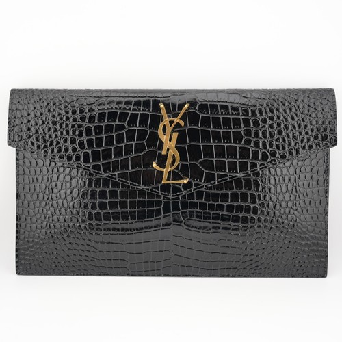 Saint Laurent Uptown YSL Black Leather Crocodile Embossed Clutch Pouch