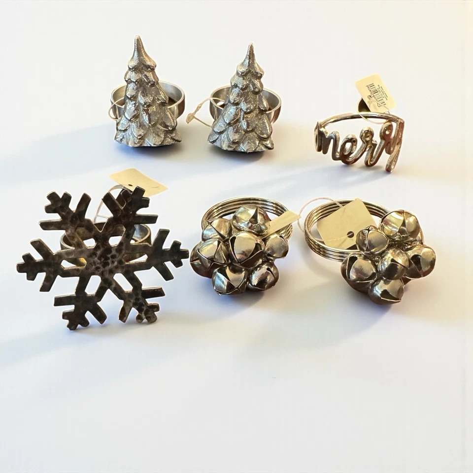 Set Of 6 Crate & Barrel Napkins Rings Christmas Holiday Tree Snowflake Silver - Image 2 of 4