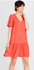 A New Day Coral Ruffle Hem Knee Length V-Neck Shift Dress S
