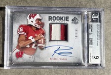 RUSSELL WILSON 2012 SP AUTHENTIC #272 PATCH AUTO ROOKIE CARD RC #/885 BGS 9 MINT. rookie card picture