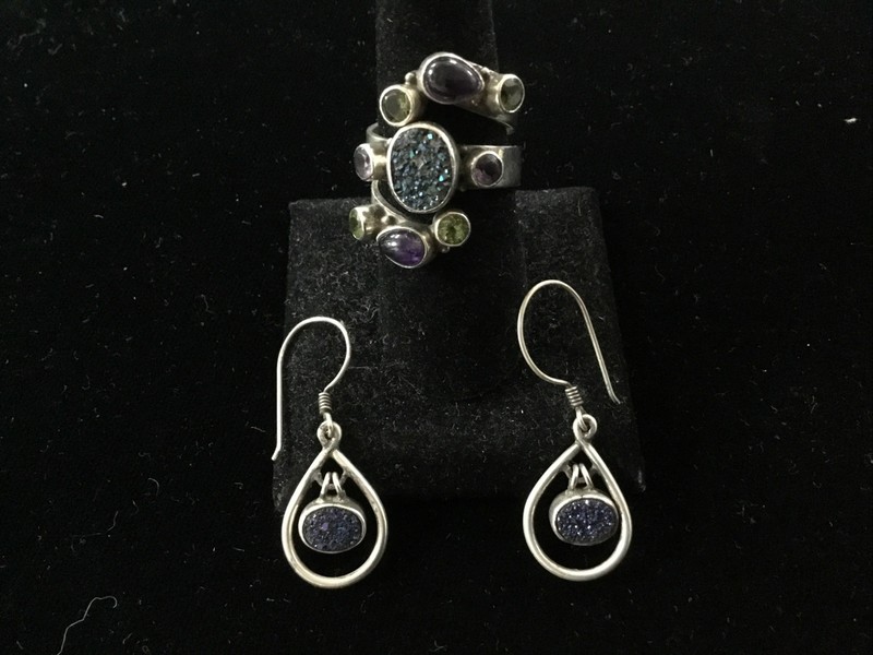 Sajen Druzy and Multi Gemstone Sterling Silver ring and Earrings