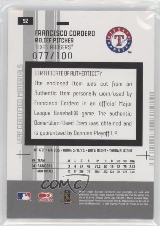 2005 Leaf Certified Materials Mirror Blue Jerseys /100 Francisco Cordero #92 - Image 2 of 2