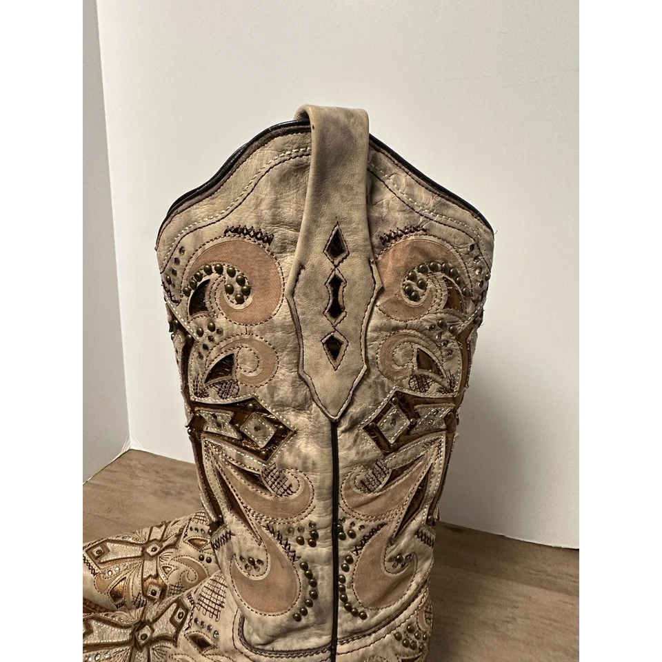 Corral Sadler Distressed Leather Metallic Insert Rhinestone Cowboy Boots Size 6 - Image 2 of 4