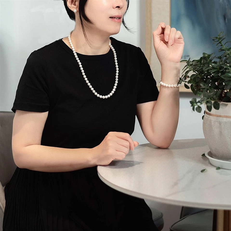 Conjunto de pendientes pulsera collar perlas blancas redondas de 24" 8" pulgadas redondas de 8-9 mm cultivadas Foto 3 de 4