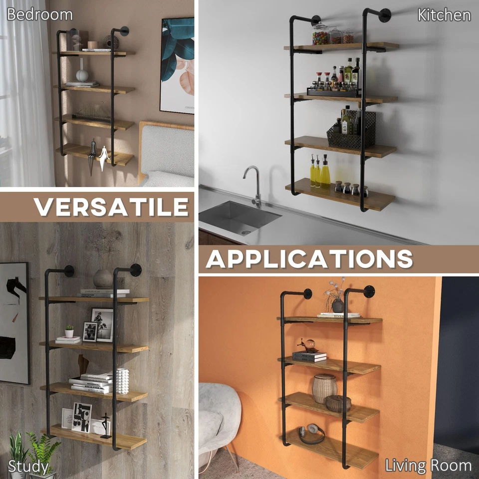 Prateleiras de parede flutuantes HOMCOM 4 camadas | Estrutura de metal marrom rústica 31,5W x 29,5tt... - Imagem 4 de 4