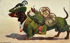 dressed Dachshund Dackel Teckel H.Hanke Tyrolean Hat Knapzack Old dog pc 1910