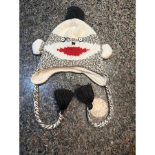 Kids Sock Monkey Knit Trapper Hat Brown Cream Marled Fleece Lined Winter Beanie